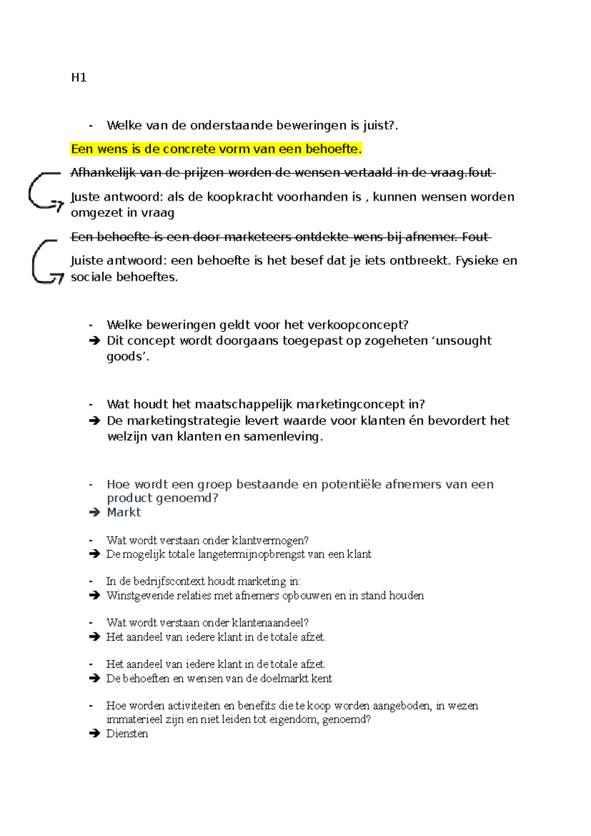 H1 - Marketingconcepten en Klantrelaties: Een Overzicht - Studocu