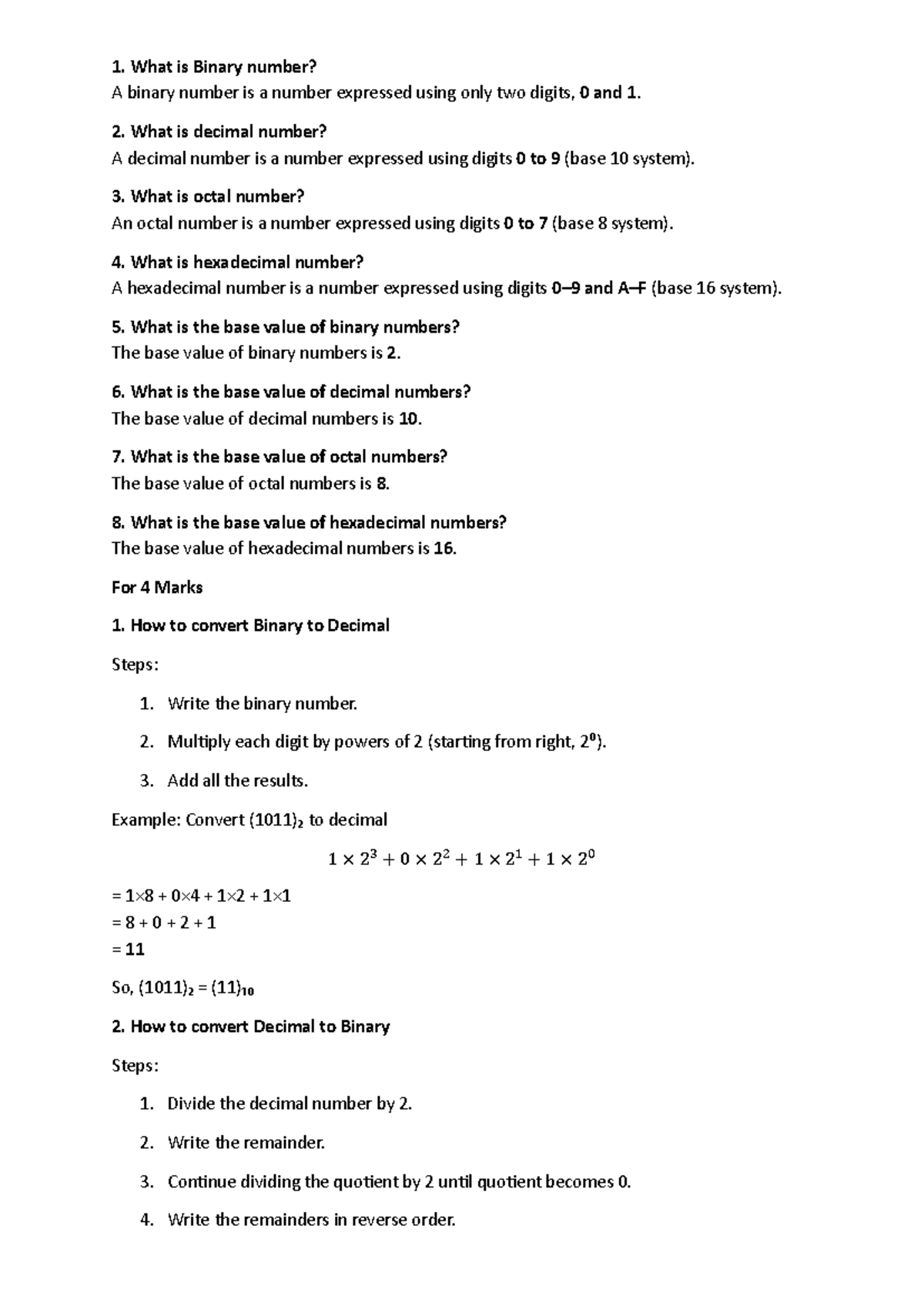 CA101: Number Systems - Binary, Decimal, Octal, Hexadecimal - Studocu