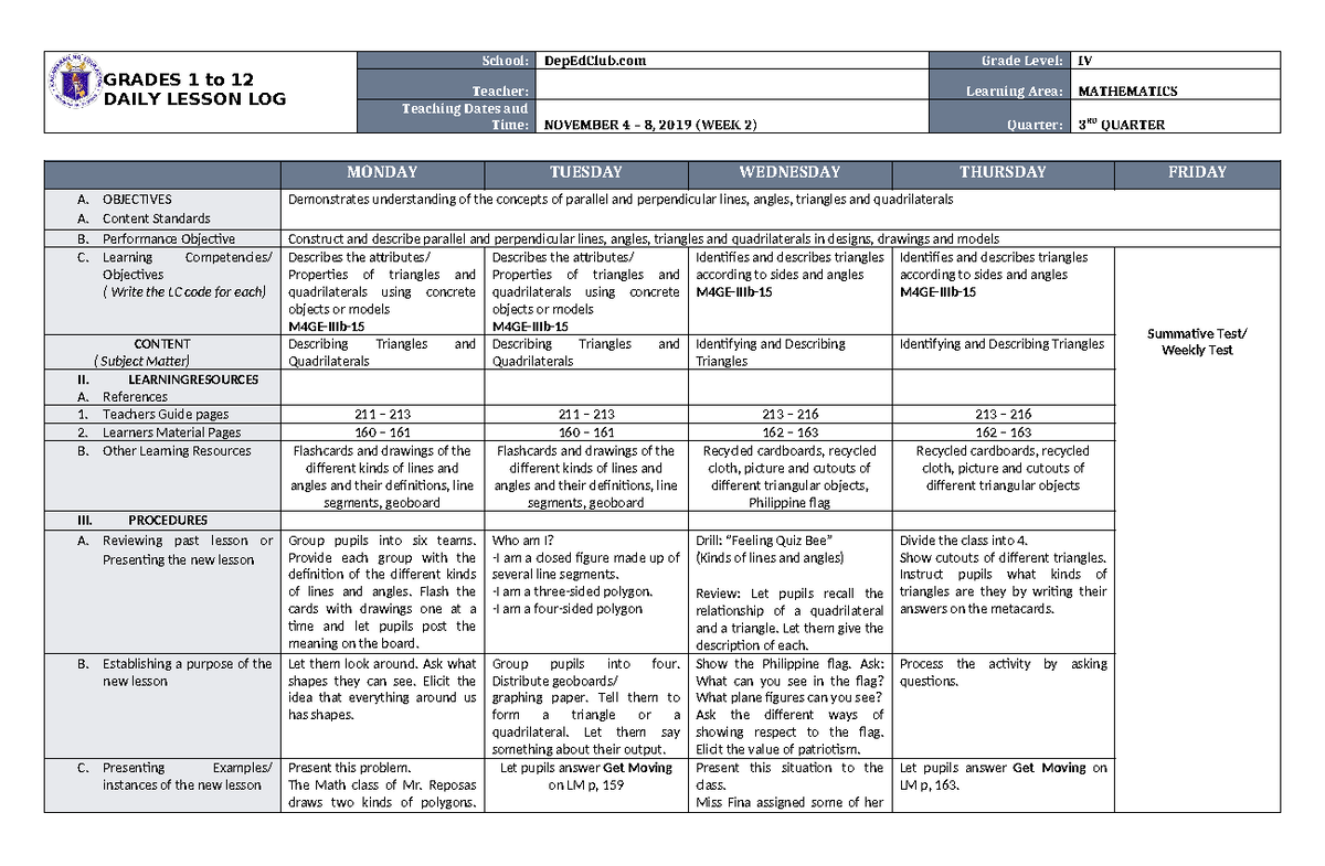 DLL Mathematics 4 Q3 W2 - More on Solving Problems - GRADES 1 to 12 ...