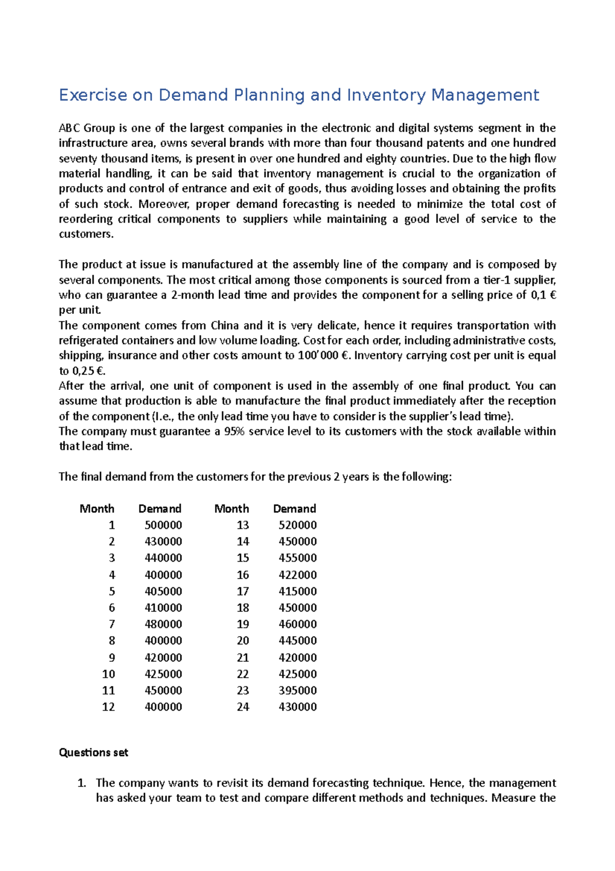 Exercise on Demand Planning and Inventory Management - Due to the high ...