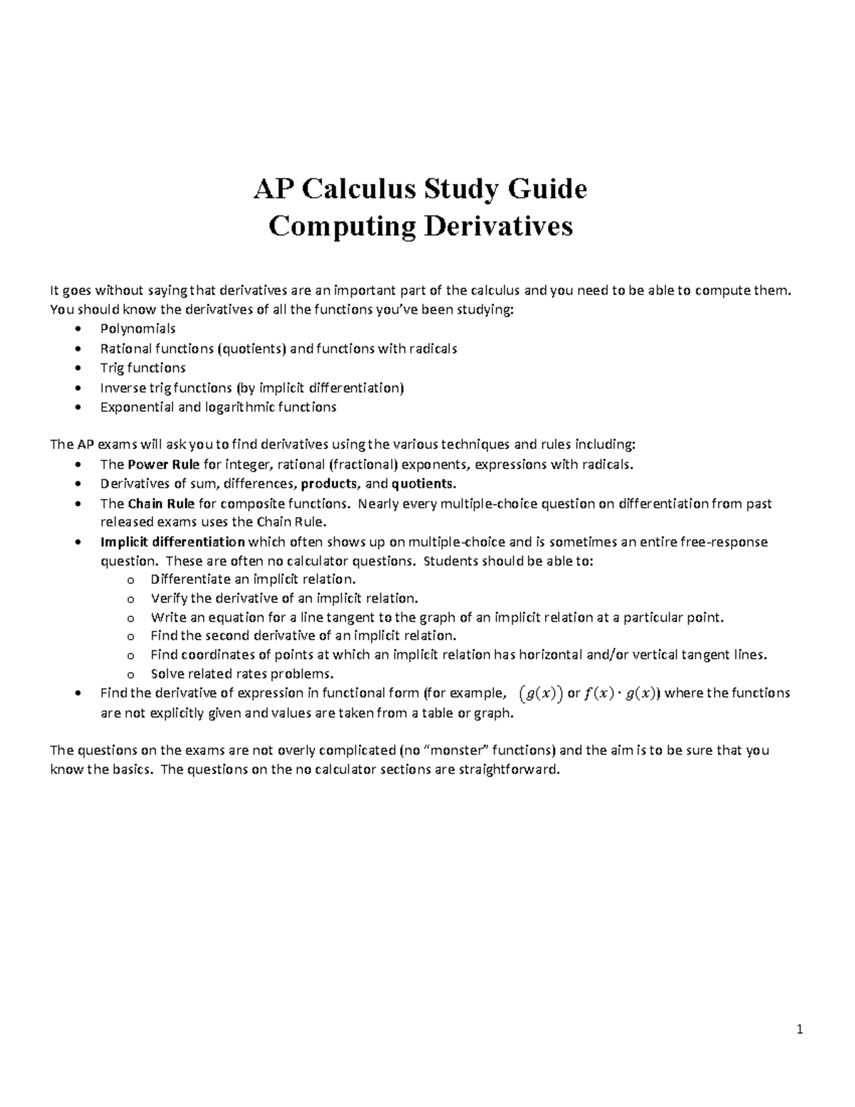 AP Calculus (AB/BC) Study Guide: Computing Derivatives & Techniques ...