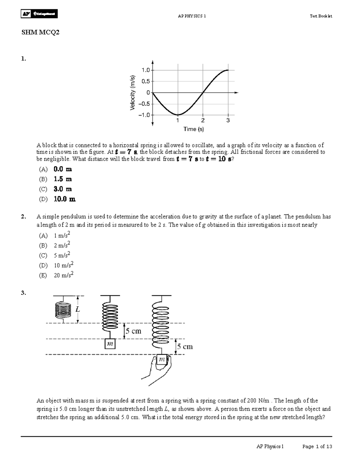 AP PHYSICS 1 SHM MCQ Test Booklet - Studocu