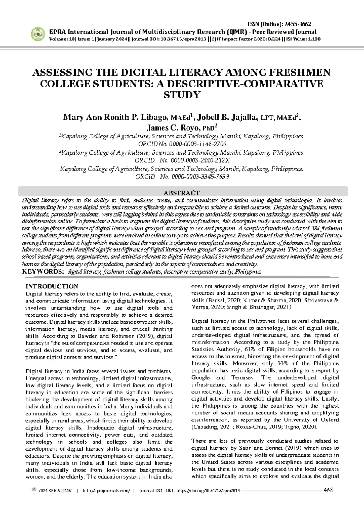 Assessment of Digital Literacy Among Freshmen College Students (327pm ...