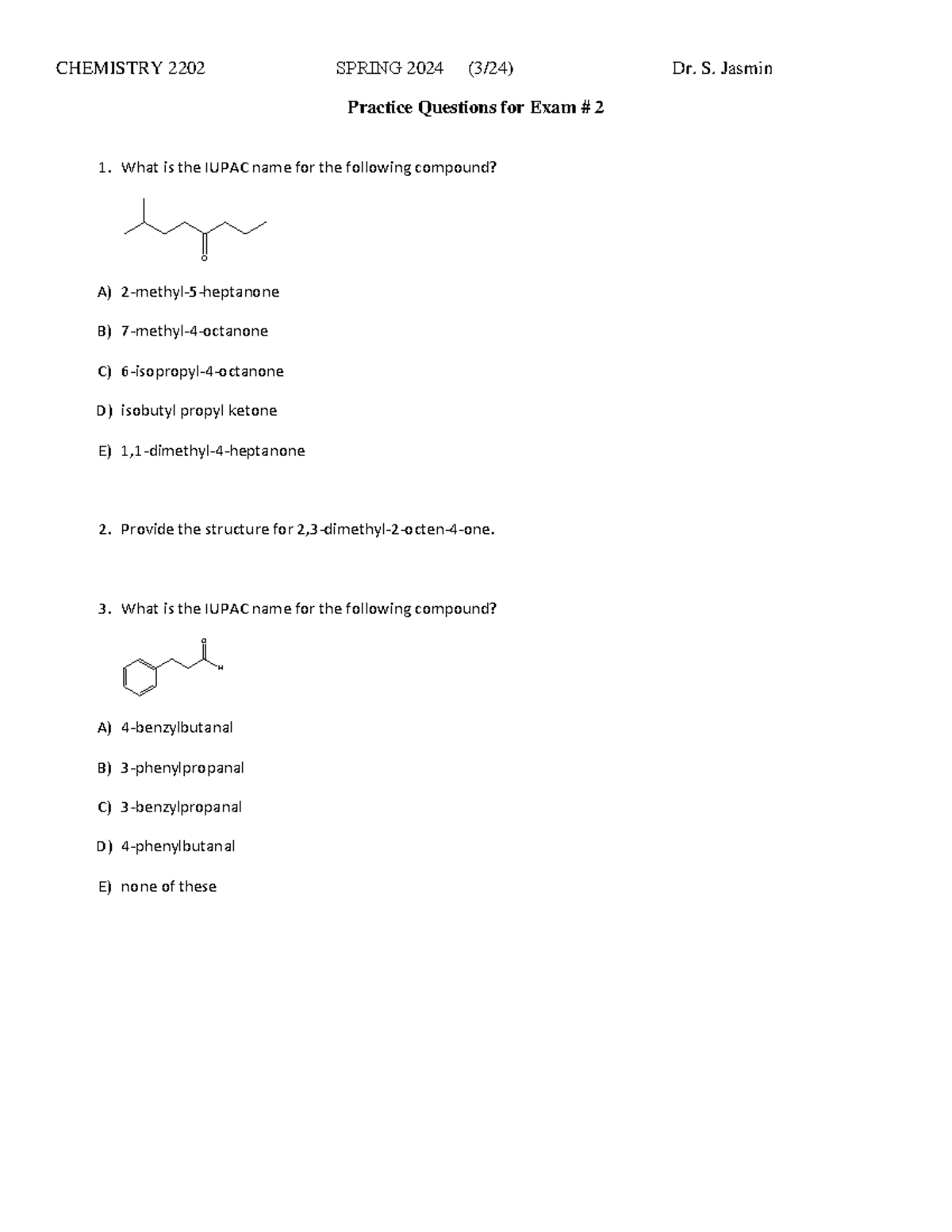 CHEM 2202 Spring 2024 Practice Questions for Exam #2 Review - Studocu