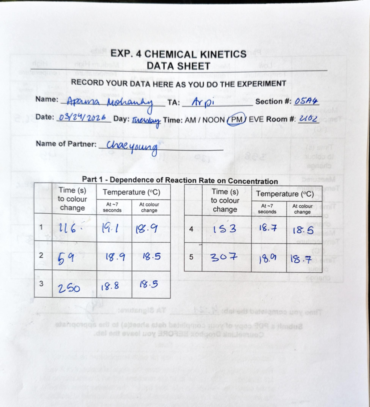 CHEM 1050 EXP 4: Chemical Kinetics Lab Data Sheet - Studocu