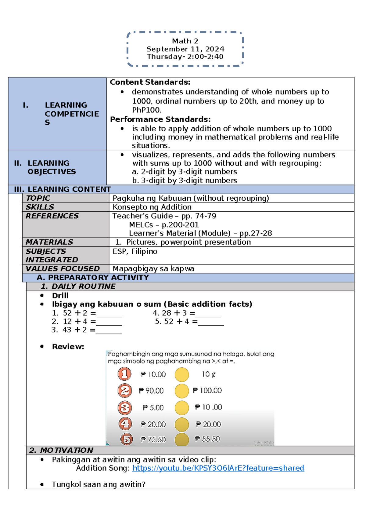 COT MATH 2 Q1 W6 - N/A - I. LEARNING COMPETNCIE S Content Standards ...