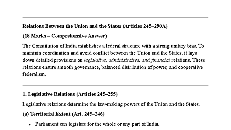 Relations Between the Union and States: A Comprehensive Study (18 Marks ...