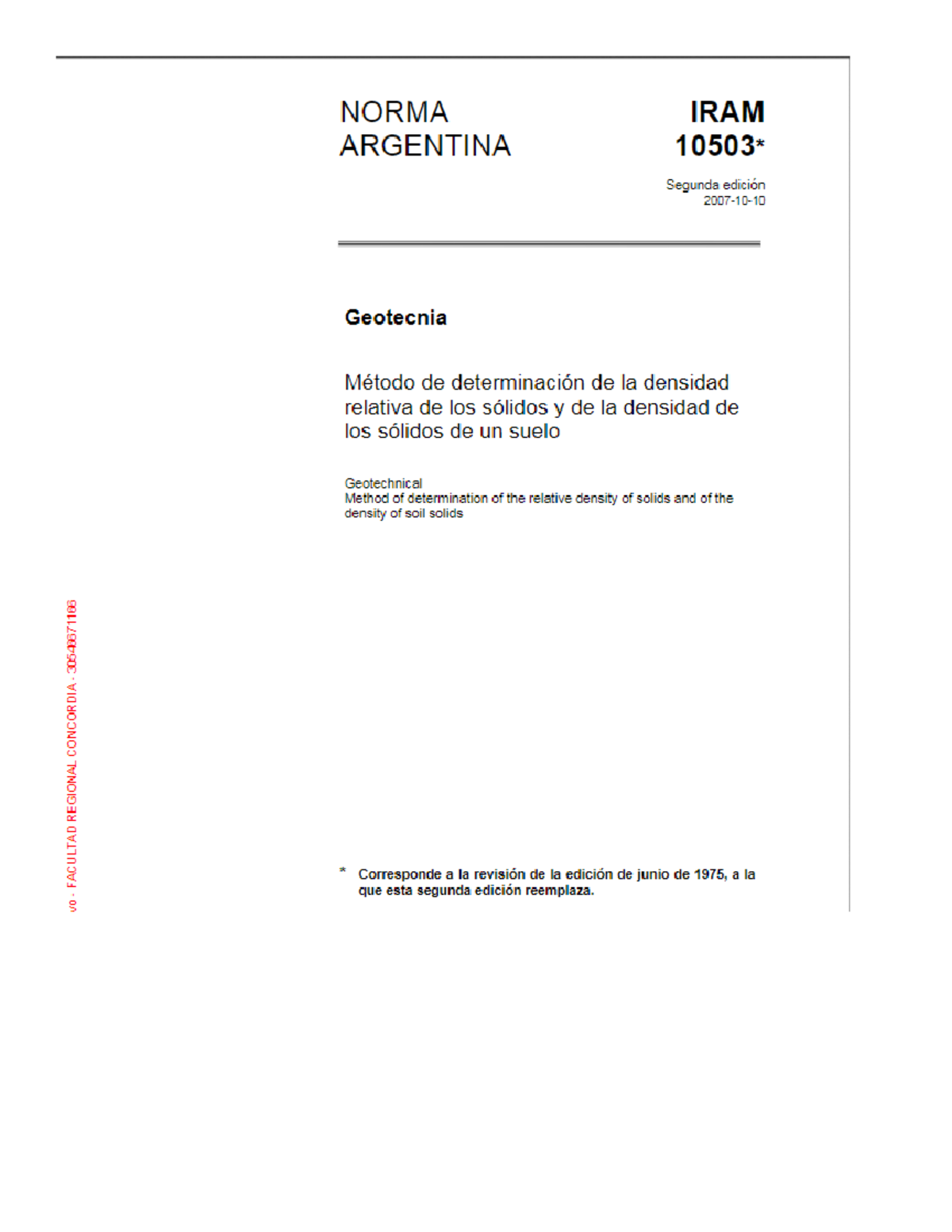 IRAM 10503 - Método para determinar densidad de sólidos en suelos - Document Preview