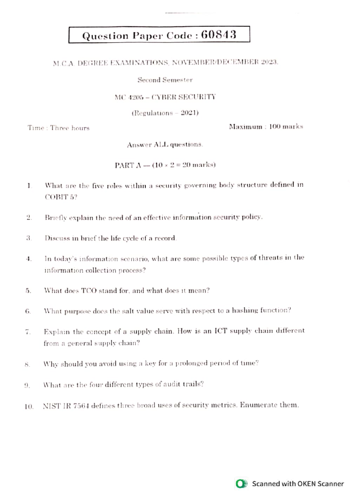 MC4205 Cyber Security Question Paper - Nov Dec 2023 Exam - Studocu