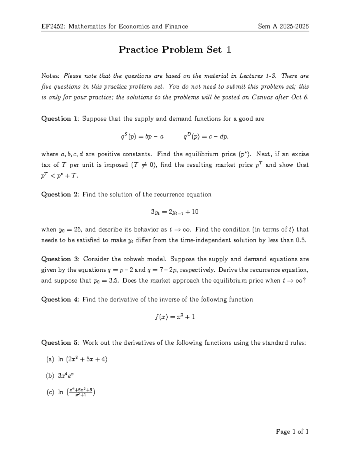 EF2452: Mathematics for Economics \u0026 Finance Sem A Practice Problems 1 - Studocu
