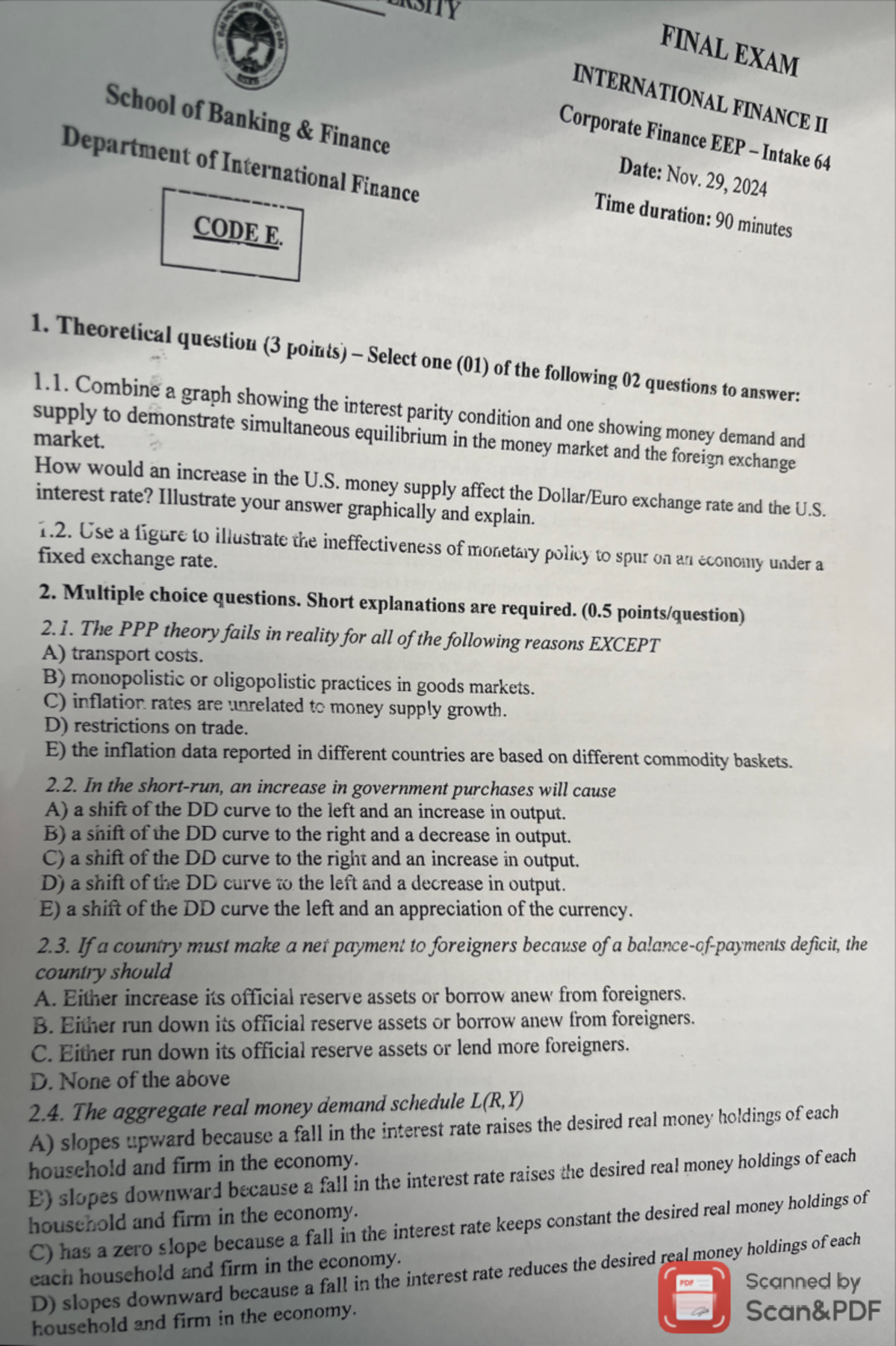 IF2 - Final Exam Questions for International Finance on 29/11/2024 ...
