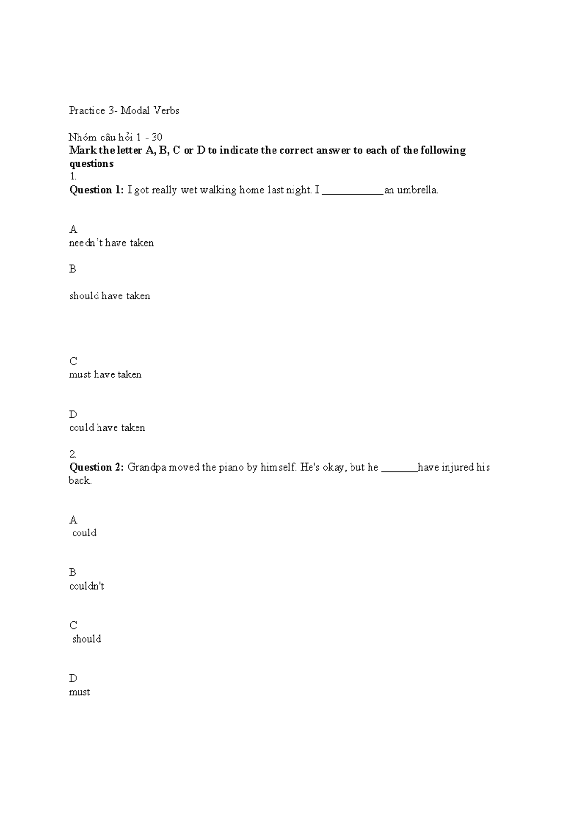 U16 Practice 3 - Modal Verbs Questions and Answers - Studocu