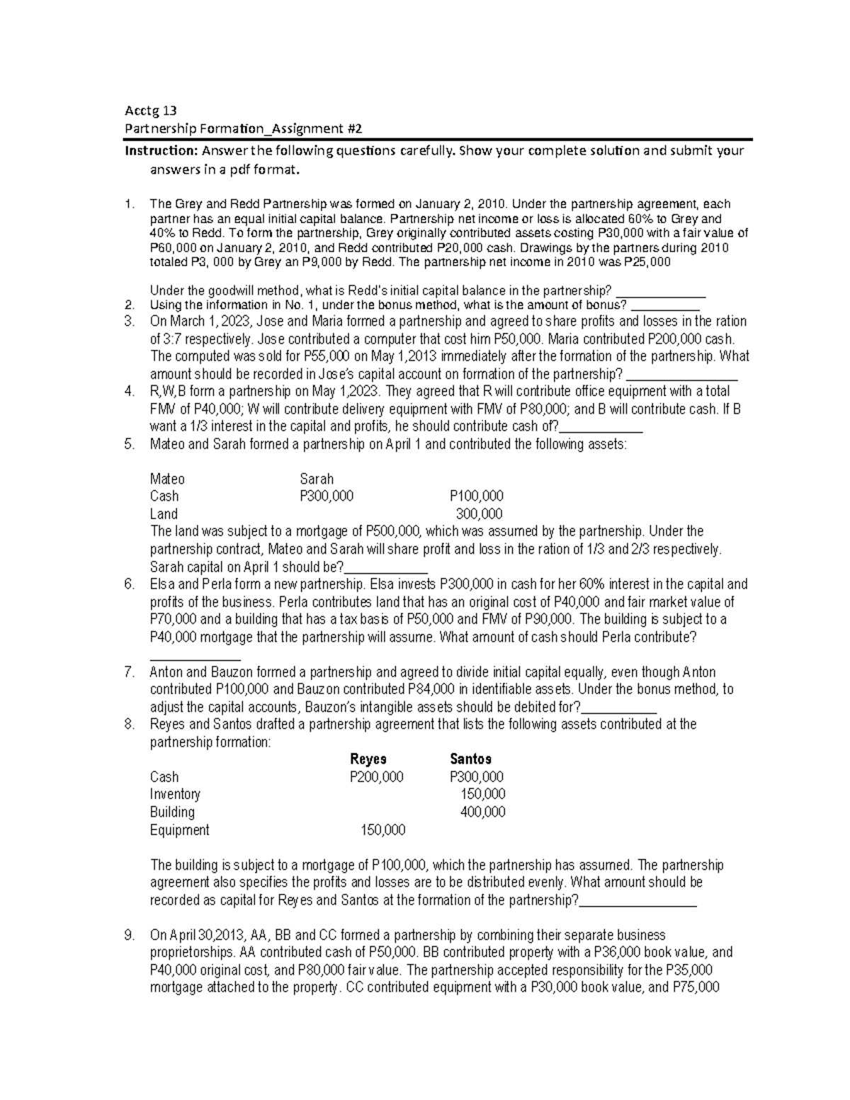Acctg 13 Partnership Formation Assignment 2 Solutions and Analysis ...