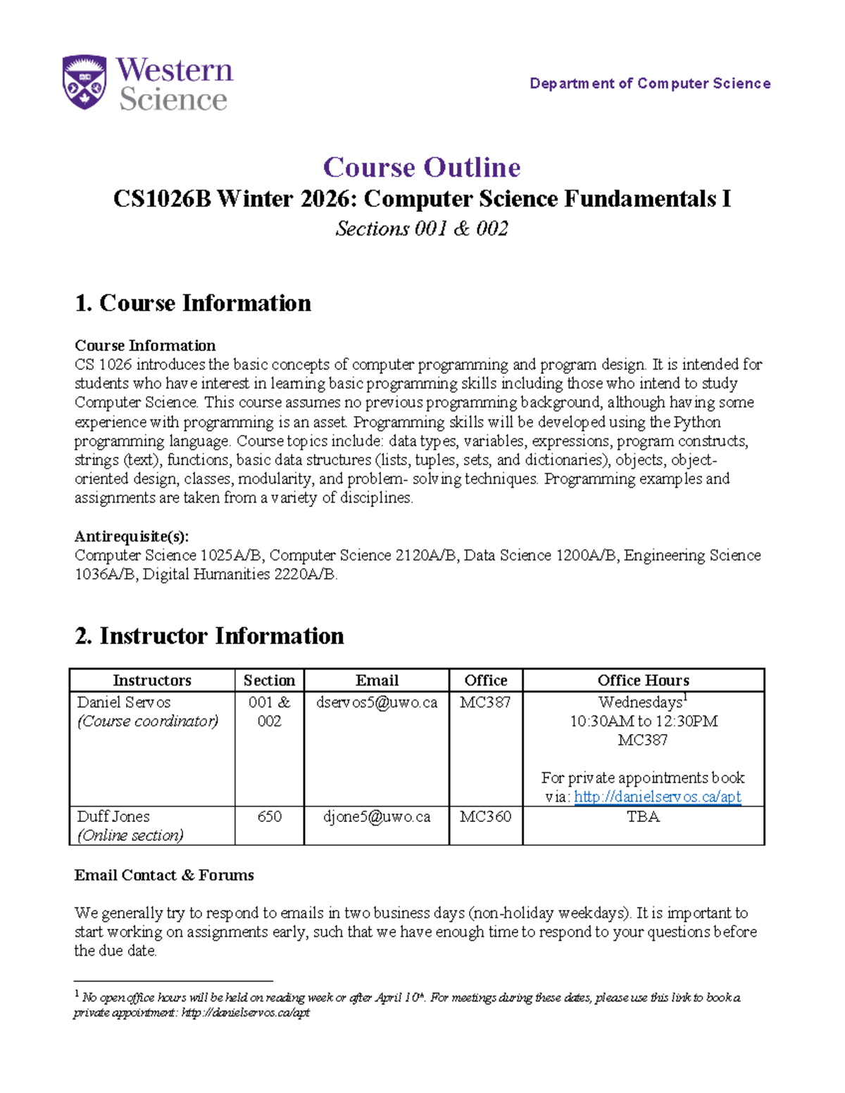 CS1026B Winter 2026 Course Outline: Computer Science Fundamentals I ...