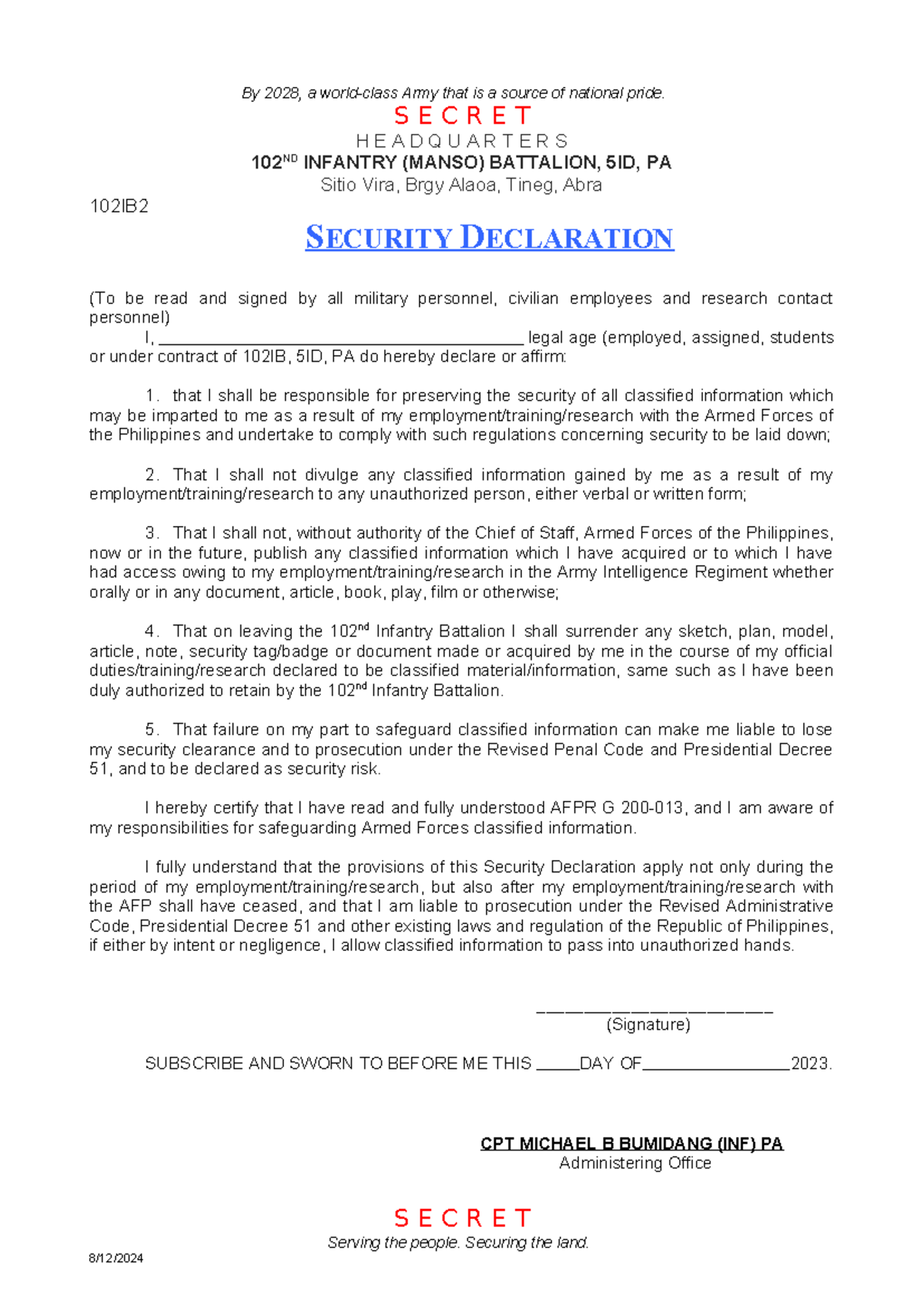 Security Declaration for 102ND Infantry Battalion (102IB) Personnel ...