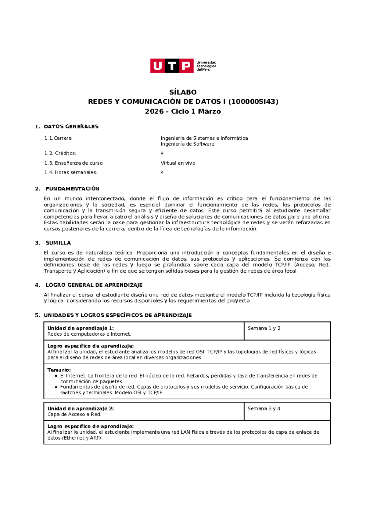 Sílabo de Redes y Comunicación de Datos I - 2026 Ciclo 1 - Document Preview