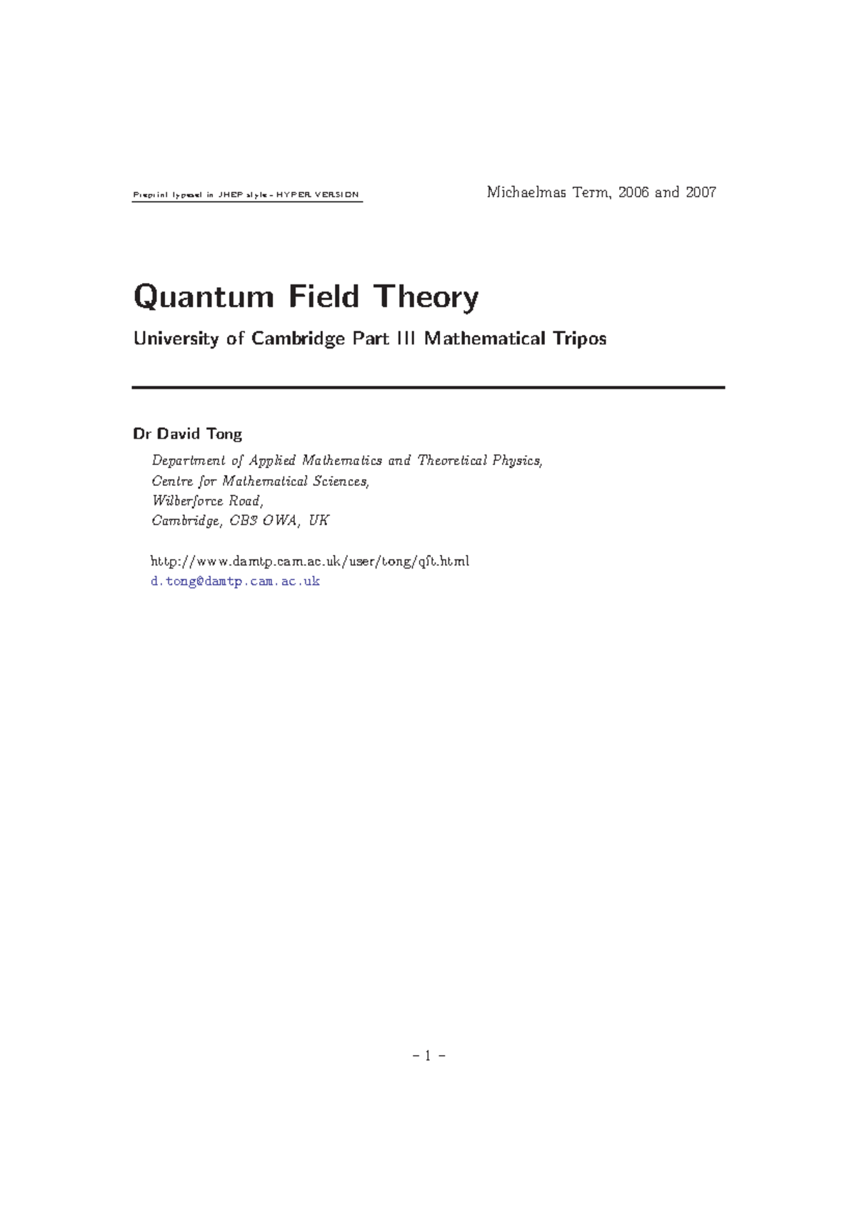 Quantum Field Theory Lecture Notes - Chapter 1 Overview - Studocu