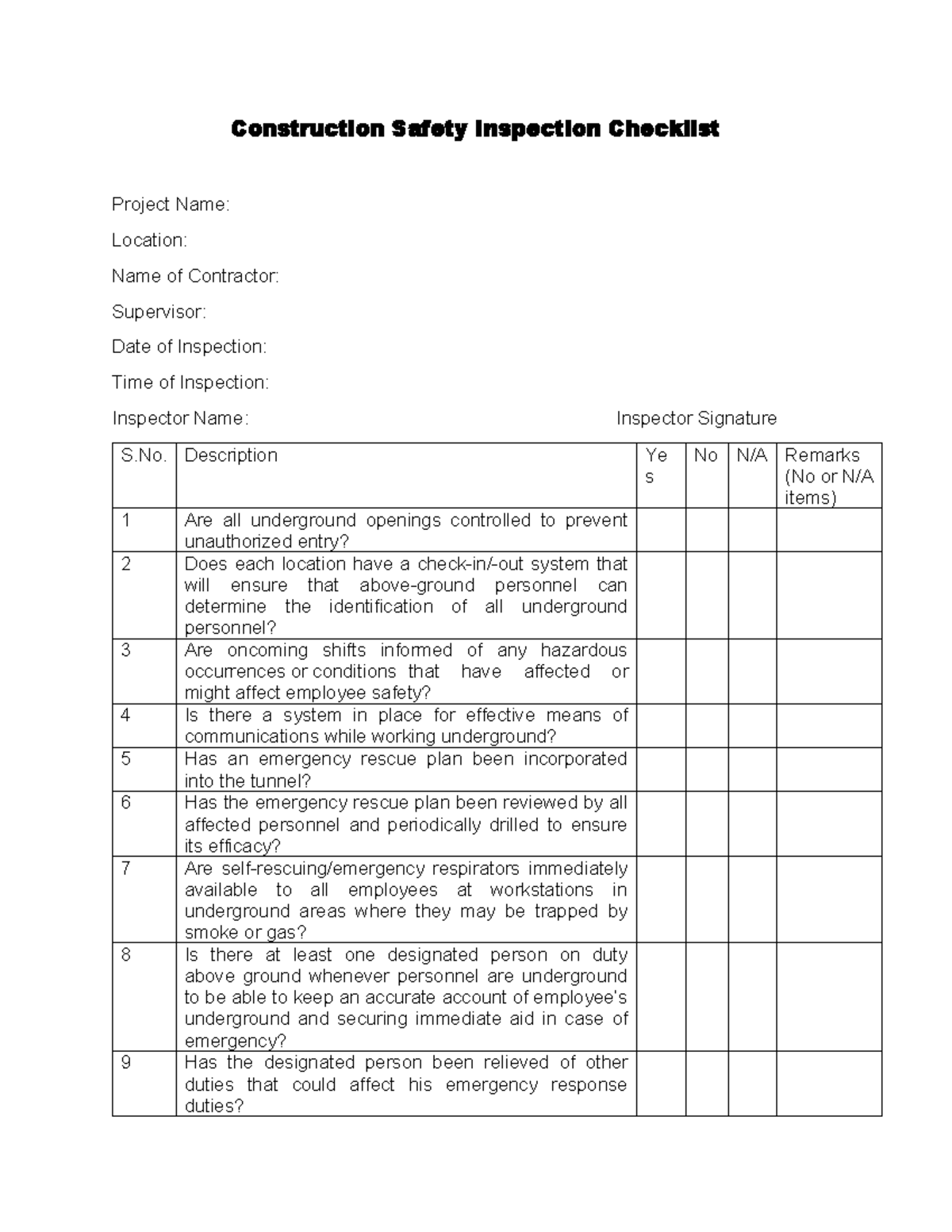 Construction Safety Inspection Checklist: Essential Guidelines - Studocu