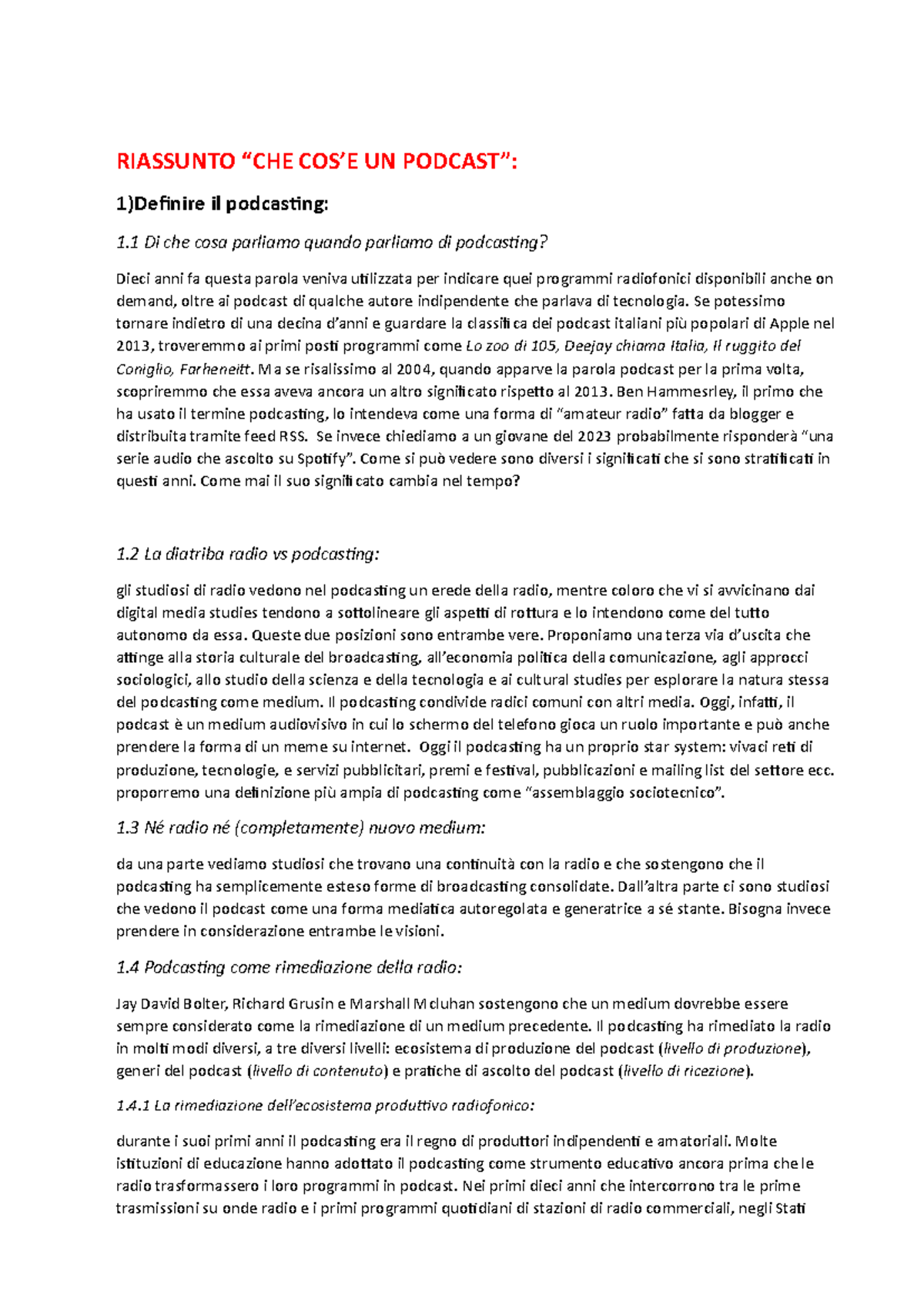 Riassunto Final Exam: "Che cos - Document Preview