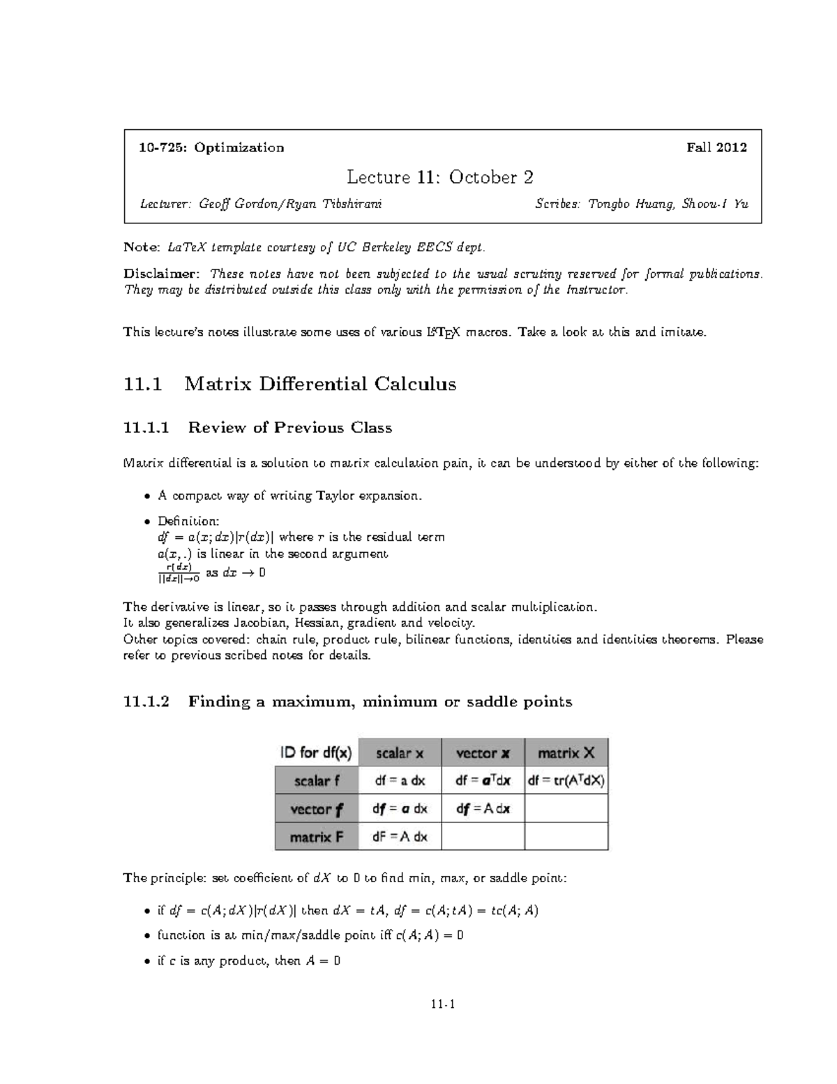 Optimization 10725 Lecture 11 Notes: Matrix Differential Calculus - Studocu