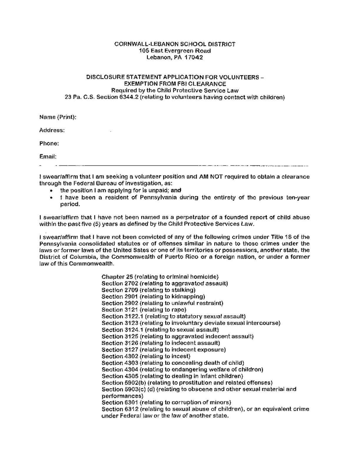 SCHOOL DISTRICT 105 Volunteer Exemption from FBI Clearance Form - Studocu