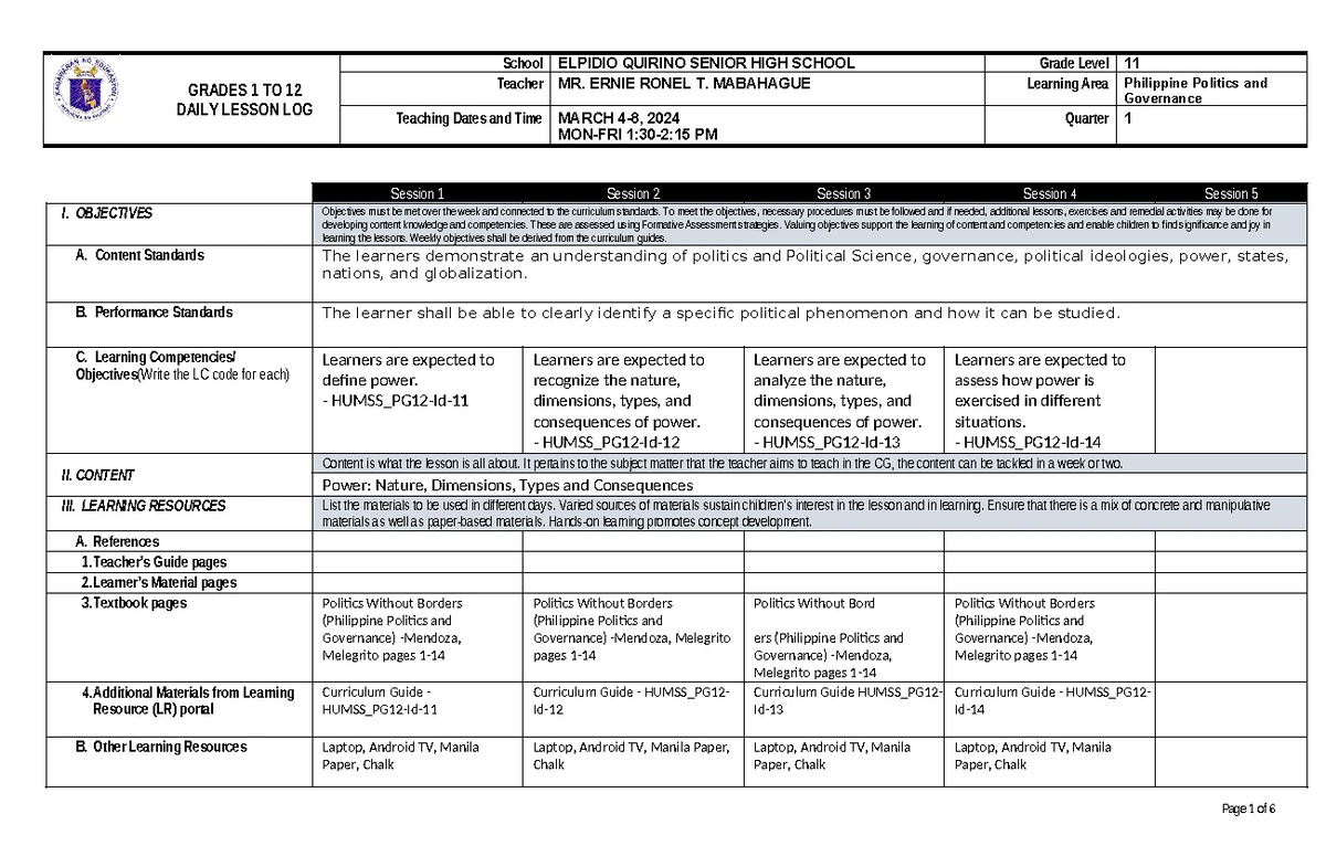 PPG12 - Week 4 Daily Lesson Log for Philippine Politics & Governance ...