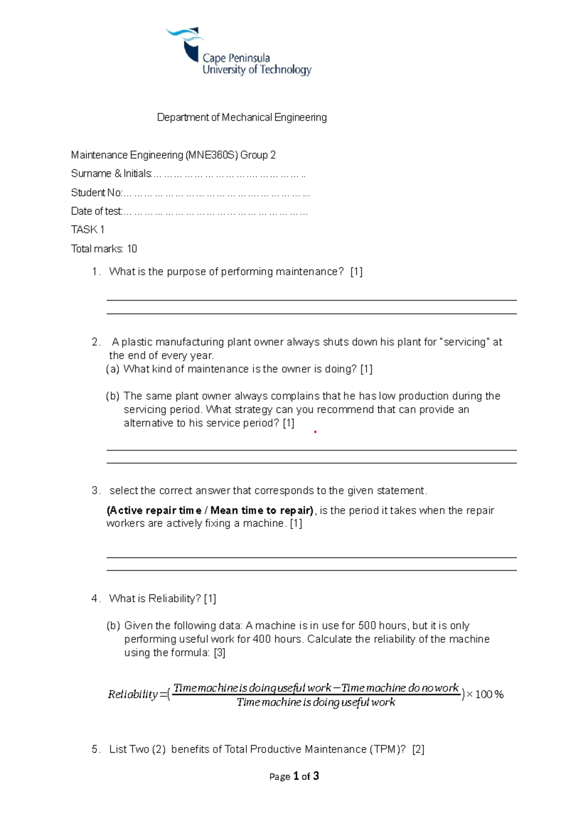 MNE360S Group 2 Maintenance Engineering Final Test Notes - Studocu