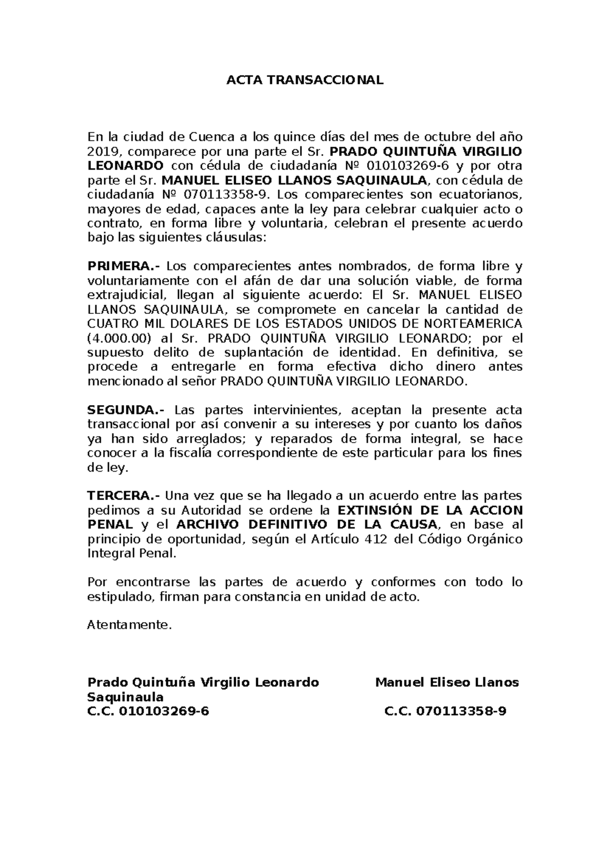 ACTA Transaccional - Acuerdo Extrajudicial en Cuenca - Document Preview