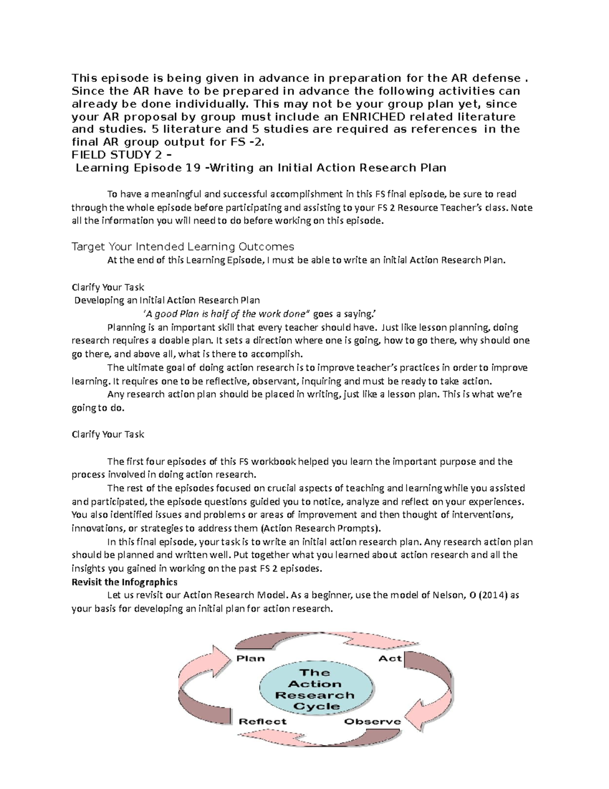 Field Study 2 - Action Research Plan Preparation Guide - Studocu