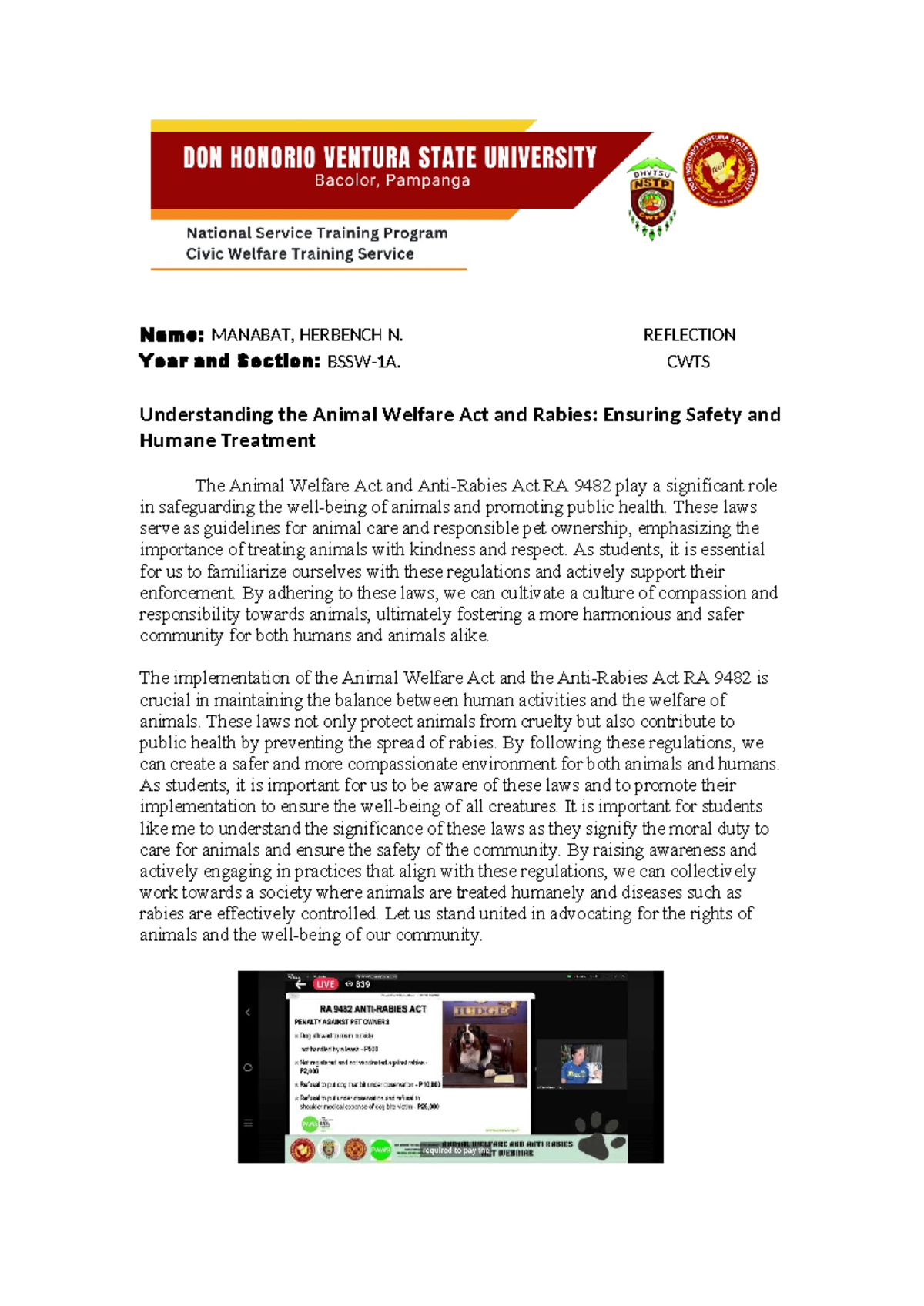 CWTS BSSW-1A Reflection on Animal Welfare and Anti-Rabies Laws - Studocu