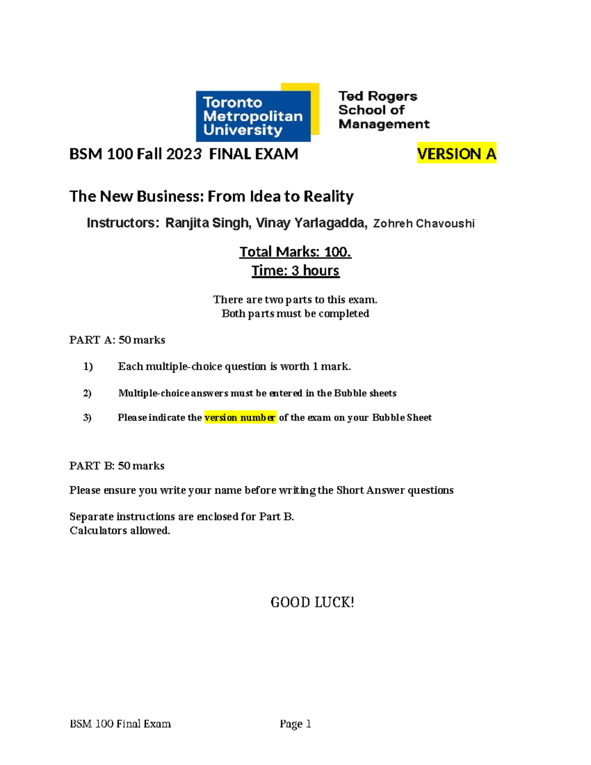 BSM 100 Fall 2023 Final Exam Version A Instructions - Studocu