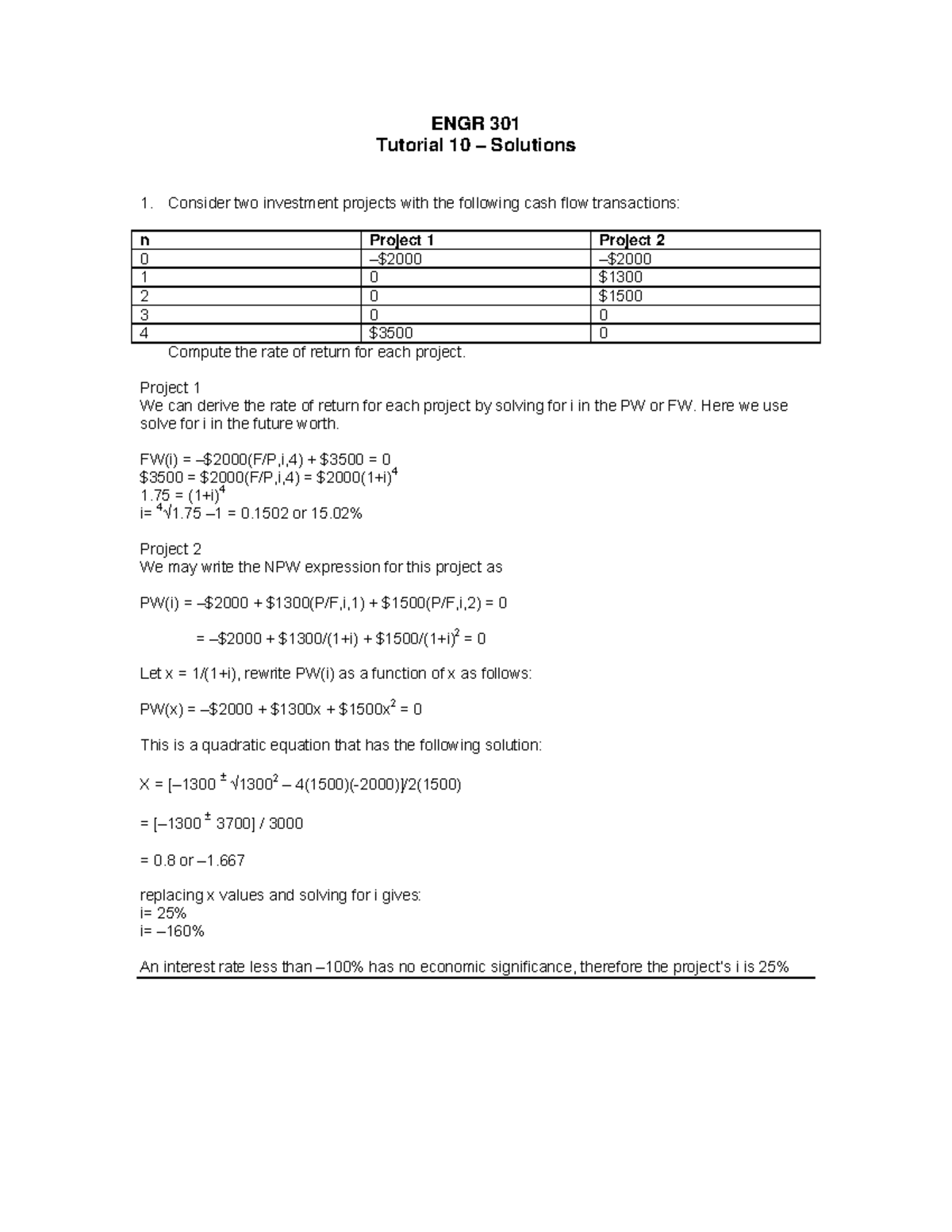 ENGR 301 Tutorial 10 Solutions: Investment Project Analysis - Studocu