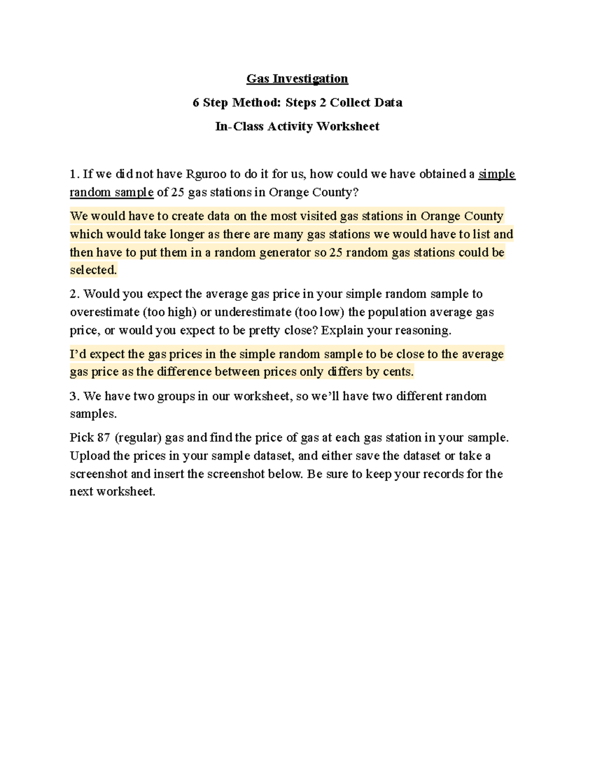 Gas Investigation 2: Data Collection Activity Worksheet for Summer ...