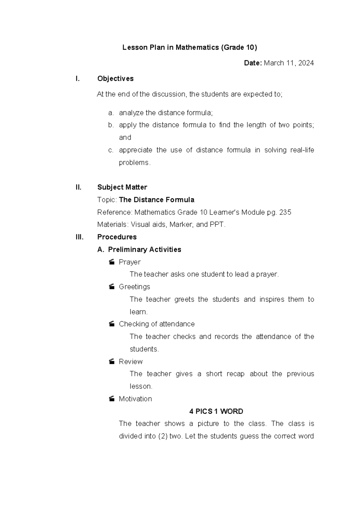 Lesson plan for mathematics (Grade 10): The distance formula - Studocu