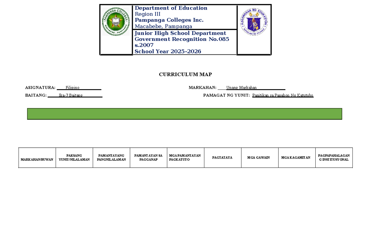 PC CMAP Filipino 7 - Curriculum Map for Panitikan sa Panahon ng ...