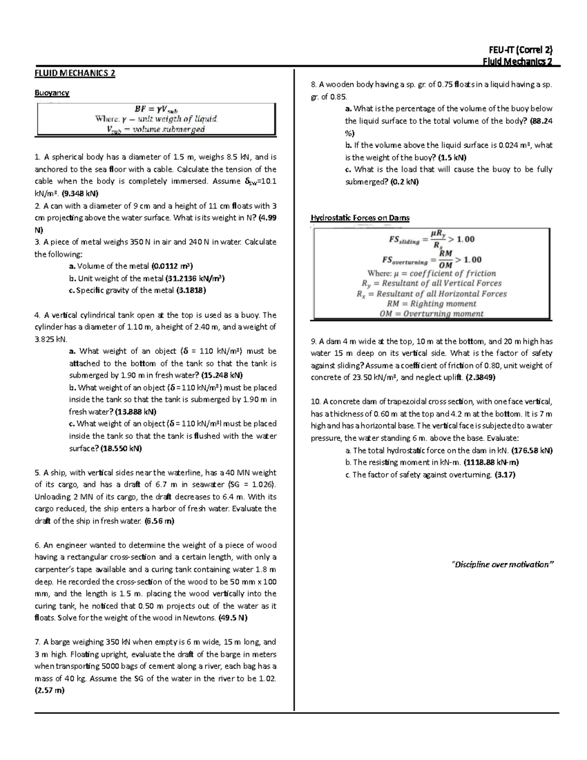 Fluid Mechanics 2 FEU-IT: Buoyancy and Hydrostatic Forces Analysis ...