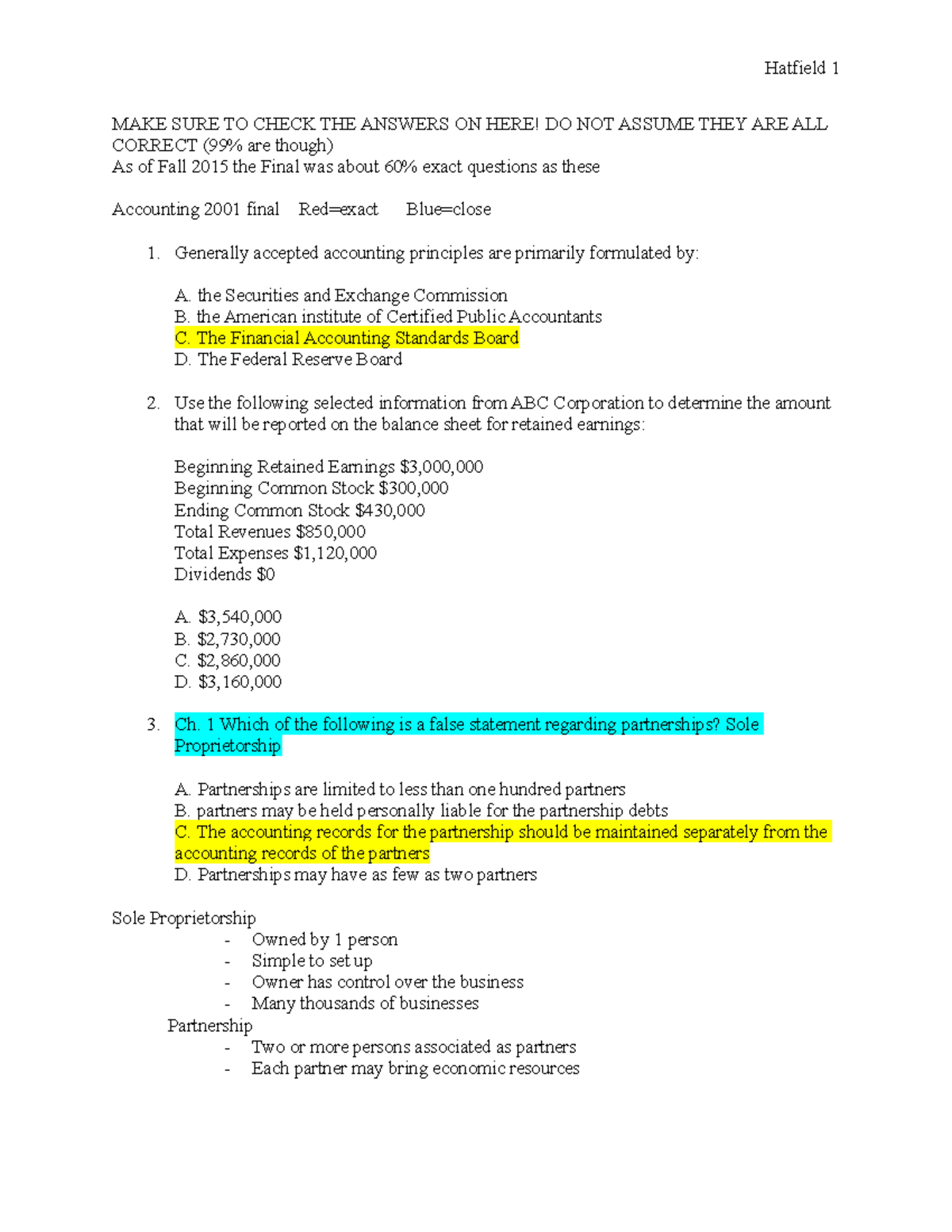 ACCT 2001 Final Exam Study Guide with Practice Questions - Studocu