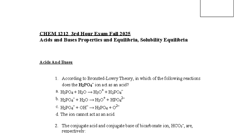 CHEM 1212 3rd Hour Exam Fall 2025: Acids, Bases & Equilibria Test - Studocu