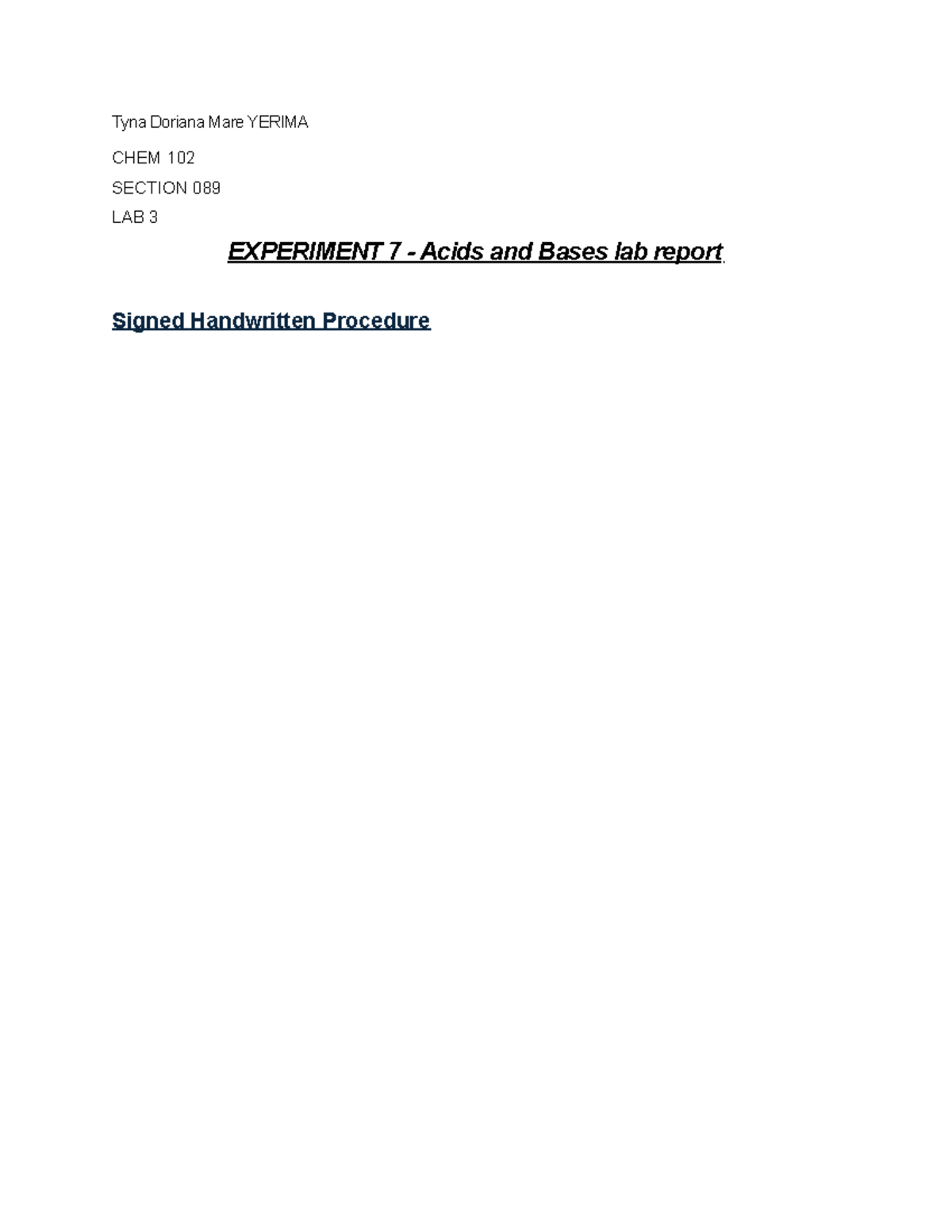 CHEM 102 LAB 3: Acids and Bases Experiment Report - Studocu