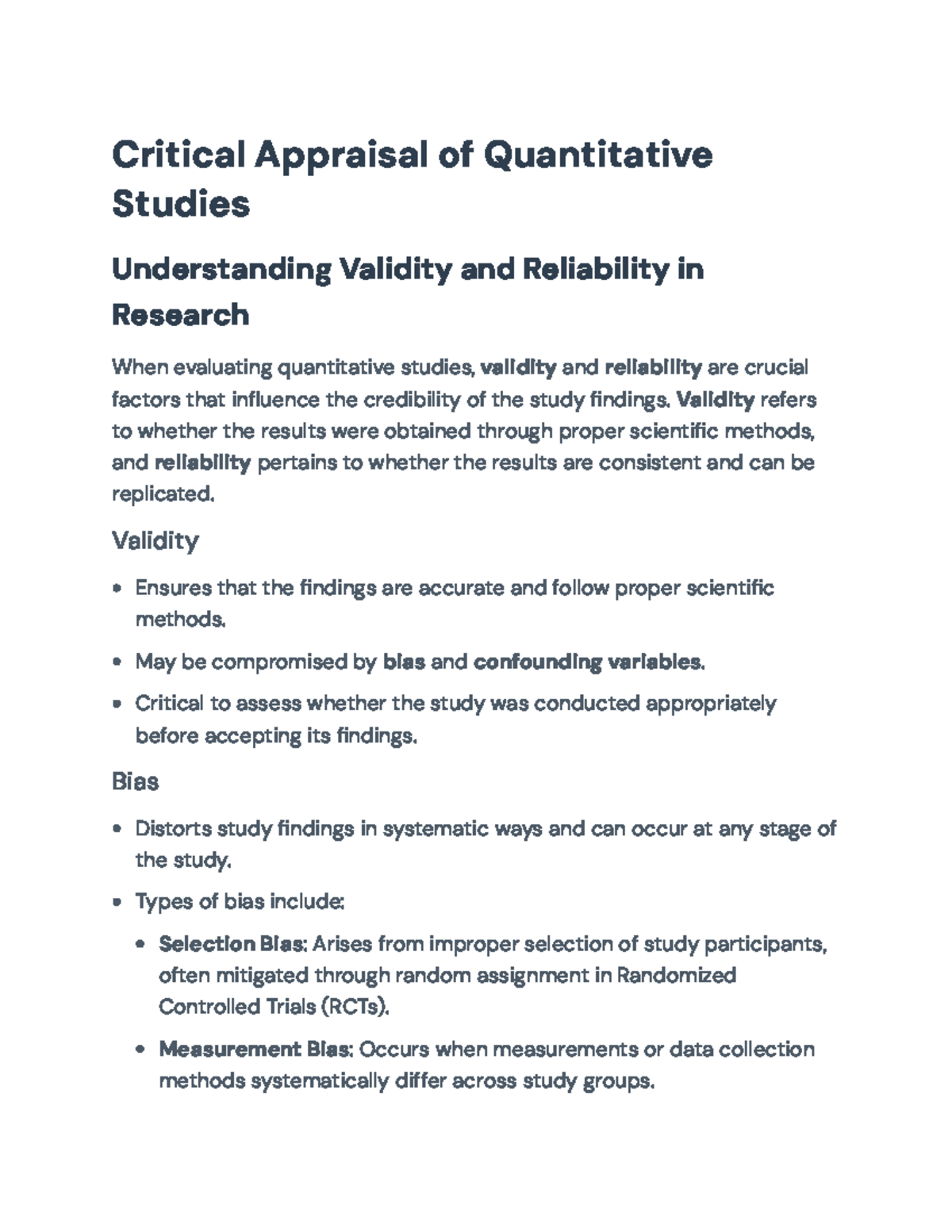 Critical Appraisal of Quantitative Studies: Validity & Reliability ...