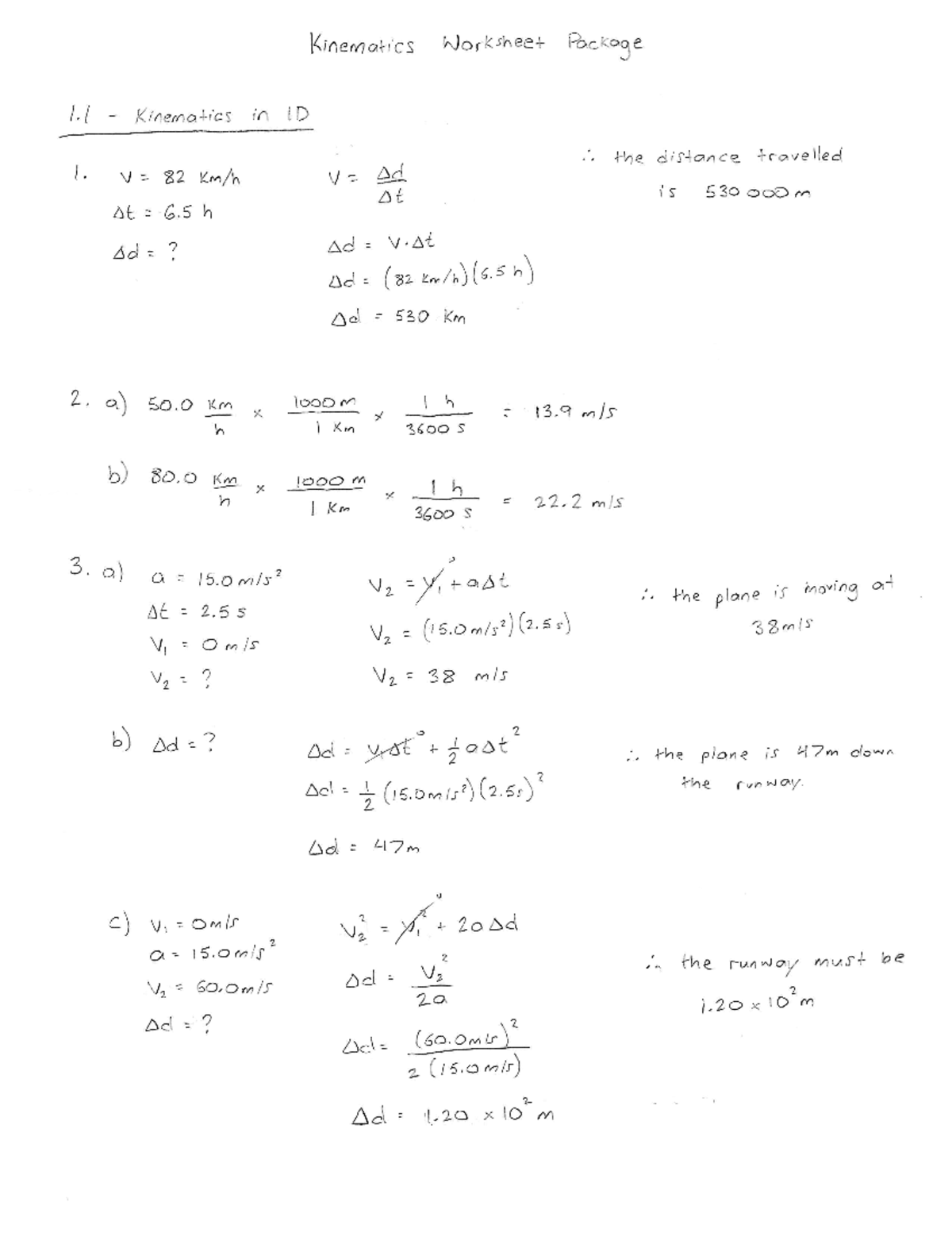 Kinematics Worksheet Package Solutions for Physics 101 - Studocu