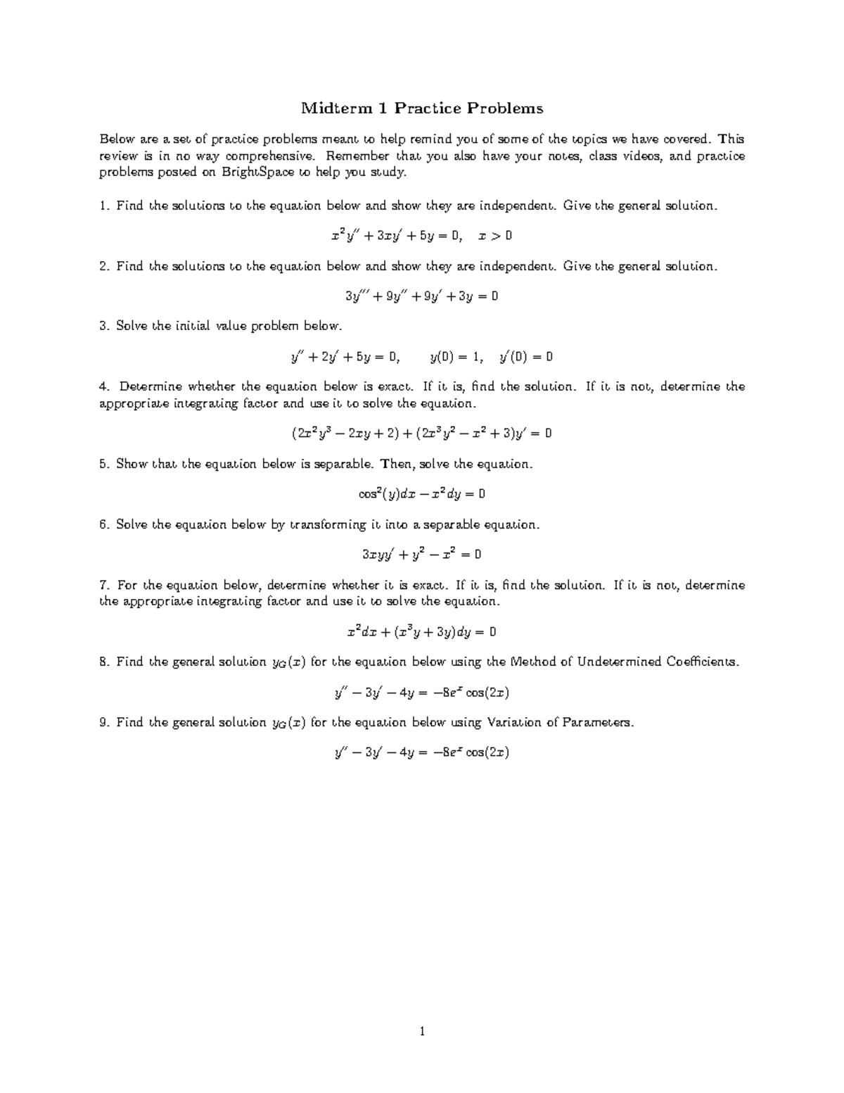 Midterm 1 Practice Problems for Differential Equations - Studocu