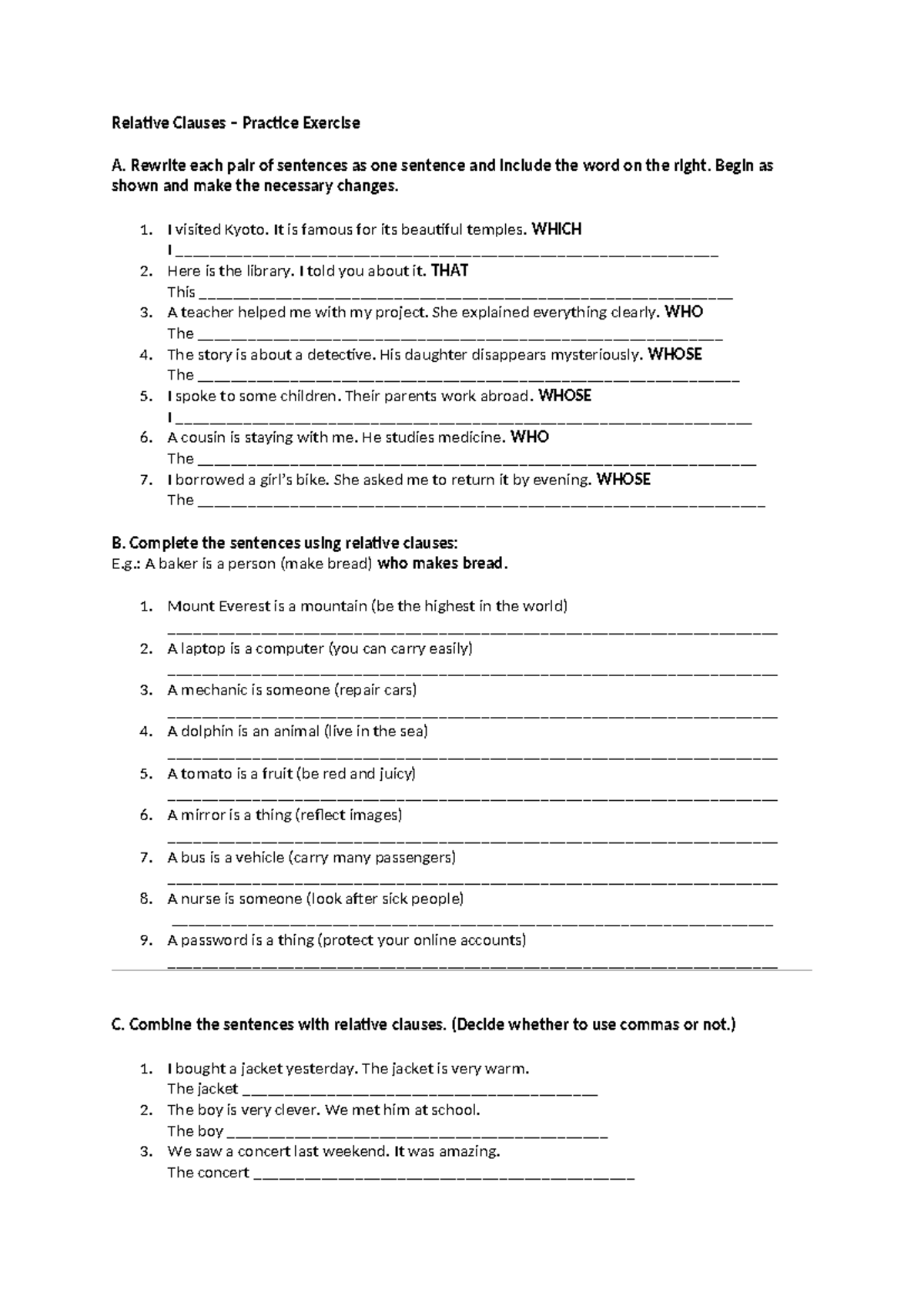 Relative Clauses Practice Worksheet 1 - Studocu