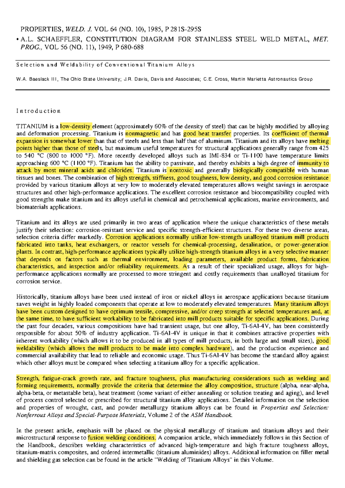 Selection and Weldability of Titanium Alloys: ASM Metals Handbook Vol 6 ...
