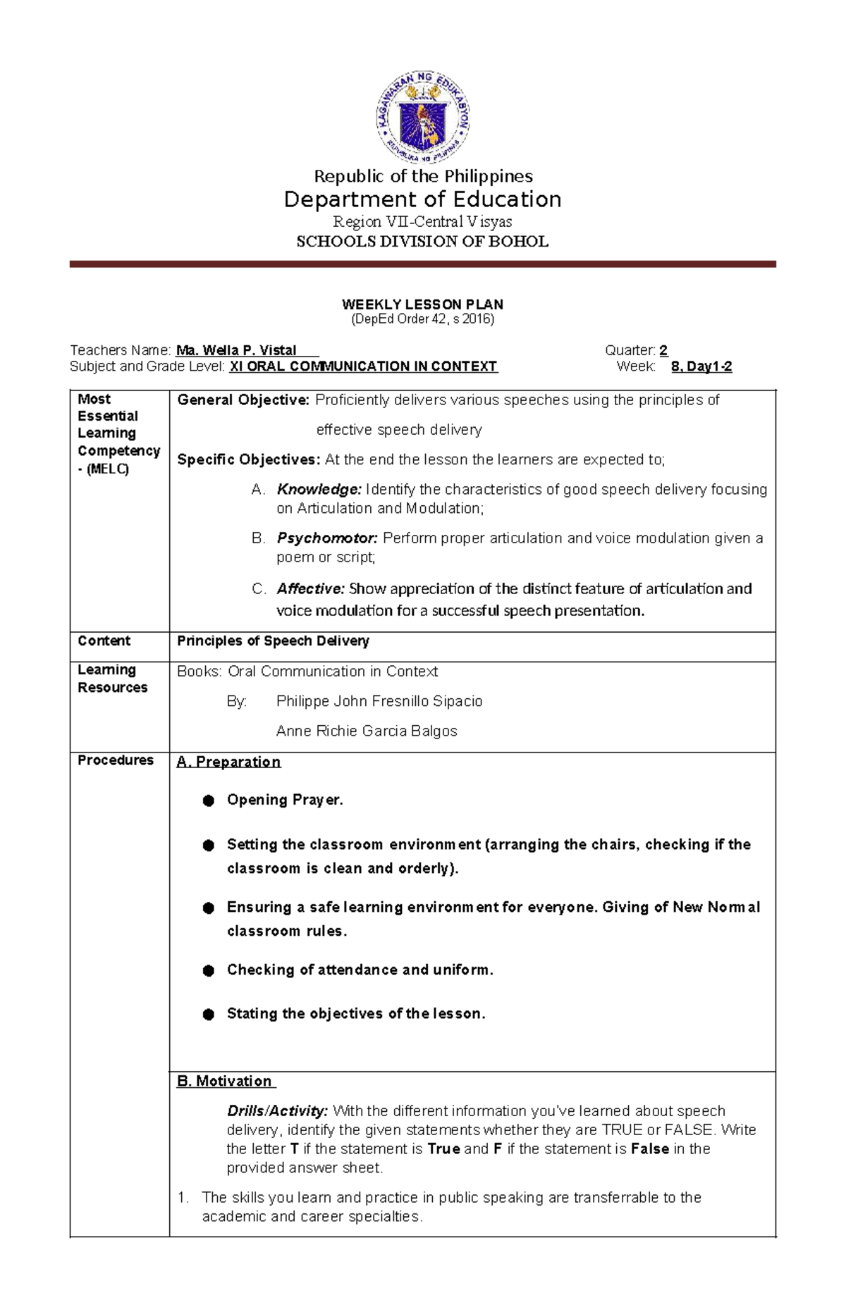 ENG Oralcom Q2 WK8 - Principles of Effective Speech Delivery - Studocu