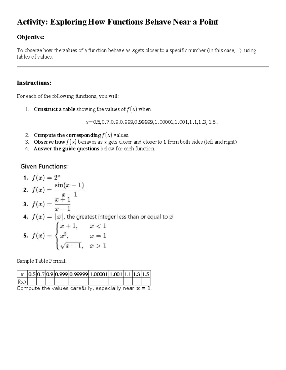 Limits Intro Activity: Exploring Function Behavior Near x=1 - Studocu