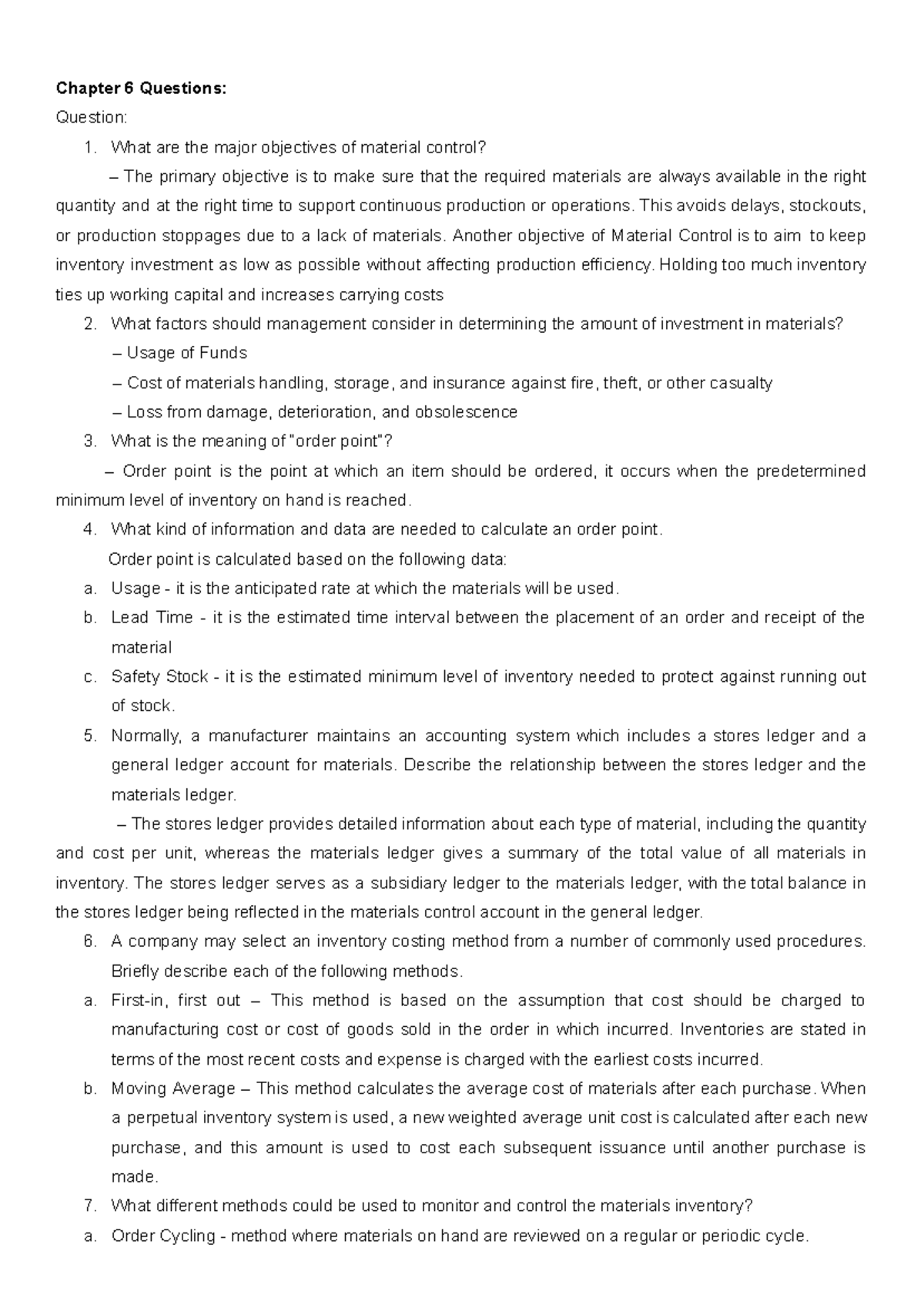 Chapter 6 Cost Accounting: Material Control Insights & Questions - Studocu