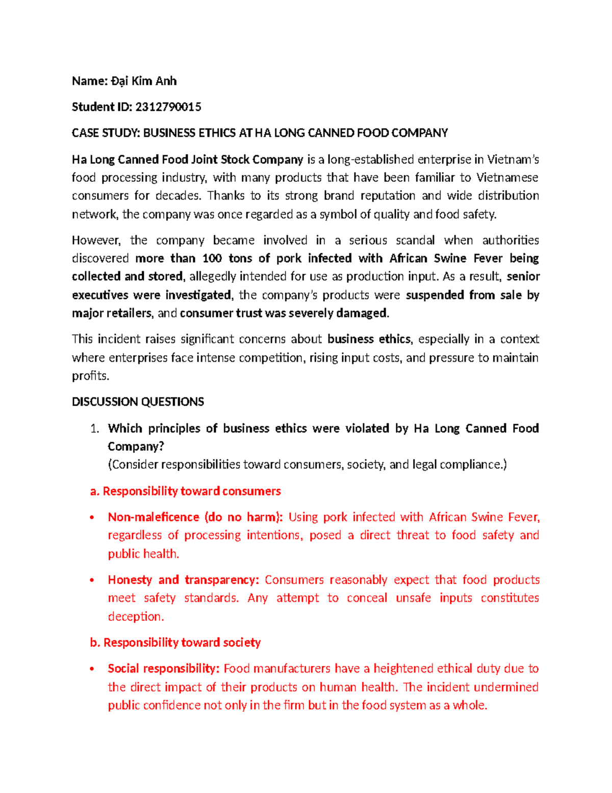CASE STUDY: BUSINESS ETHICS AT HA LONG CANNED FOOD COMPANY - Studocu