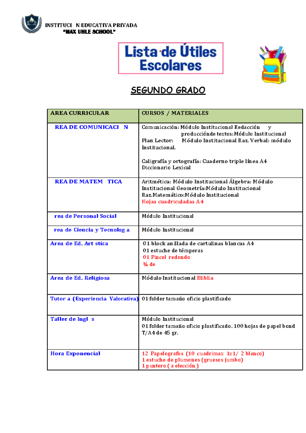 Lista de Útiles Escolares para Segundo Grado - 2025 - Studocu