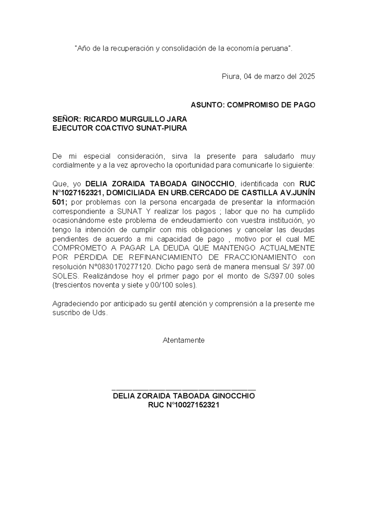 Carta de compromiso de pago a SUNAT por deuda pendiente - Document Preview
